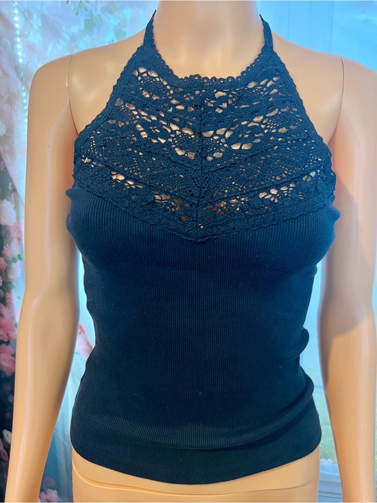 Free People Tops - Free People Black Crochet Halter Ribbed Tank
